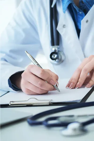 Advanced-Diagnostic-Testing-Treatment Close up of a doctor in a white coat, writing on a notepad, representing functional medicine testing offered by Frank Lanzisera, D.C. in Tampa Bay Metro.