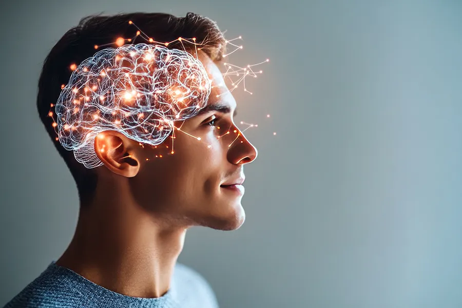 Brain-Mapping-Clinic A man with a 3D image of brain neural networks superimposed over his head. Get brain mapping treatment from Frank Lanzisera, D.C. in Tampa Bay Metro.
