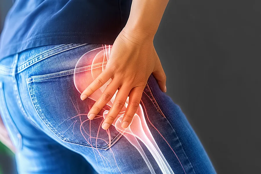 Chronic-Inflammation-Clinic A man holds his hip which shows an inflamed area. Schedule treatment for chronic inflammation from Frank Lanzisera, D.C. in Tampa Bay Metro.