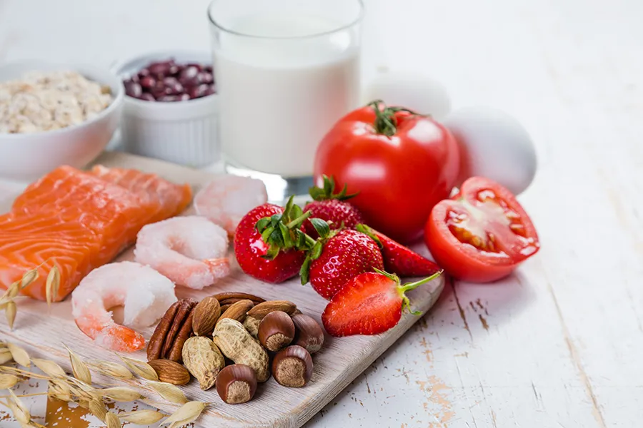 Food-Allergies-Clinic A board of foods like nuts, shellfish, and dairy, that are commonly associated with allergies. Get treatment for food allergies from Frank Lanzisera, D.C. in Tampa Bay Metro.