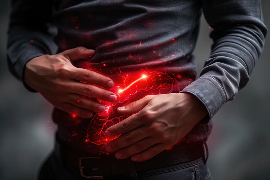 Inflammotory-Bowel-Disease-IBD-Clinic A man clutches his abdomen, with a digital illustration of inflamed intestines glowing in red. Frank Lanzisera, D.C. offers advanced inflammatory bowel disease (IBD) treatment in Tampa Bay Metro using functional medicine and gut-focused therapies.