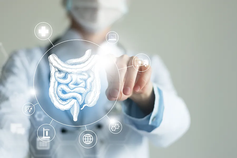 Leaky-Gut-Syndrome-Clinic Frank Lanzisera, D.C. provides advanced Functional Medicine for Leaky Gut Syndrome treatments in Tampa Bay Metro, shown by a doctor touching a glowing digital intestinal health display.
