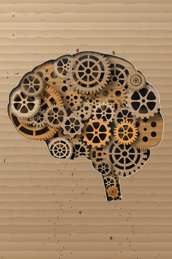 Neurodegenerative-Disorders-Treatment An illustration of a brain cut out of cardboard, with wooden cogs inside, representing neurodegenerative diseases treated by Frank Lanzisera, D.C. in Tampa Bay Metro.