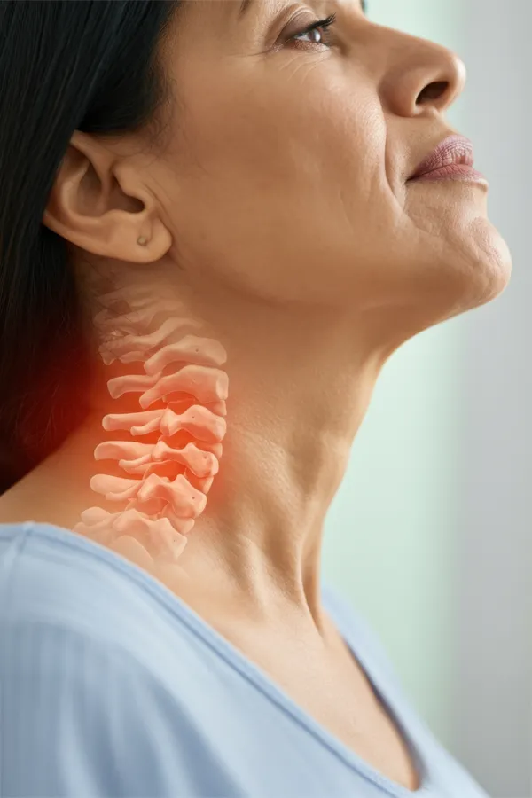 Regenerative-Medicine-for-Neck-Pain-Treatment A woman with an illustration of an inflamed spinal column in her neck. Get Regenerative Medicine for Neck Pain from Frank Lanzisera, D.C. in Tampa Bay Metro.